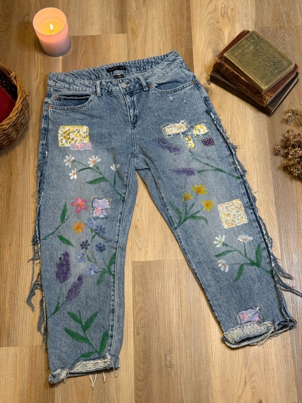 Upcycled Hand Painted Floral Patchwork Distressed Jeans Cottagecore Boho Denim